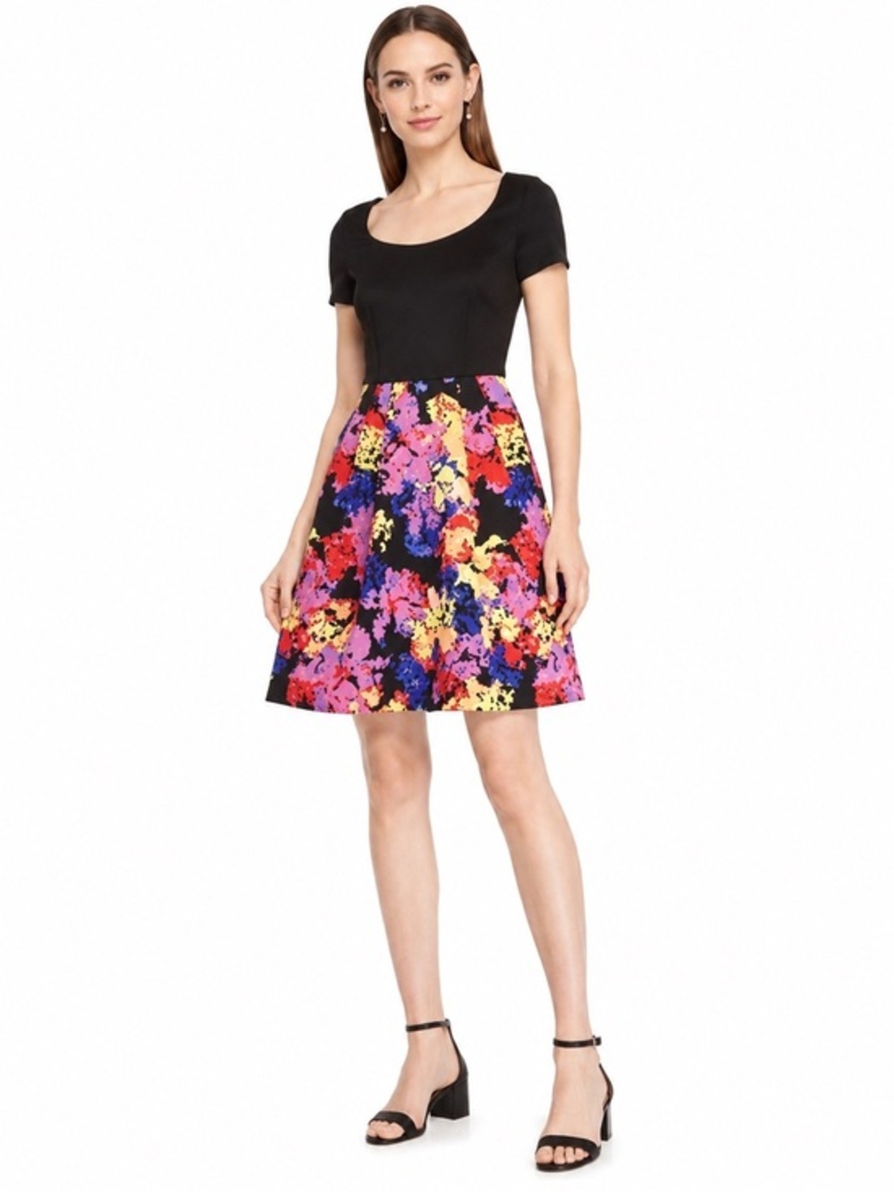 BETSEY JOHNSON Mini Dress Scuba Skater Shift Floral Black Women's 2 VTG Pleated